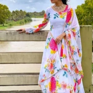 LADIES WHITE GOWN WITH DUPATTA