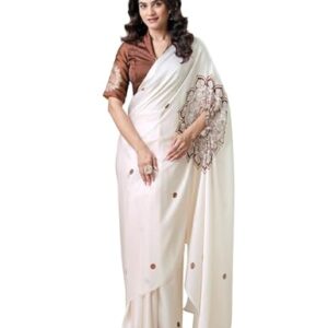 FABCURATE Women's Mandala Print Saree | Contrast Border | Free-hand Hole-in-Pallu | Georgette Satin | 5.5m Saree + 0.8m Unstitched Blouse | Elegant Ethnic Wear