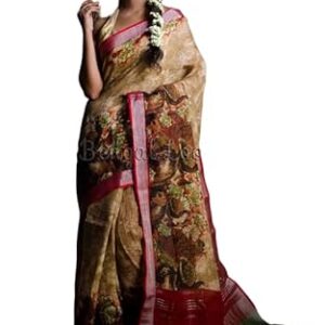Indian Handloom Digital Printed Linen Saree Rich Texture Smooth Finish Indian Tradition Sari with Beautiful Pattern in Beige and Maroon for Women's Casual Formal Wear Gift Option for Bride Wife Mother