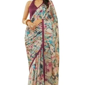 Soch Womens Wine Floral Print Crepe Saree