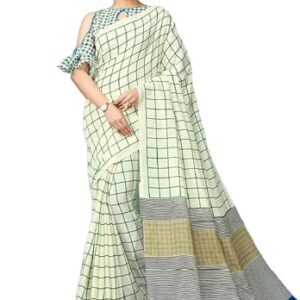 BENGAL LOOMS INDIA Printed Linen Saree Indian Designer Printed Saree with Beautiful Thick Border in Off White, Green, Black & Blue Smooth Texture Indian Tradition Sari for Women Casual Formal Wear