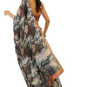 Soch Womens Black Floral Print Crepe Saree
