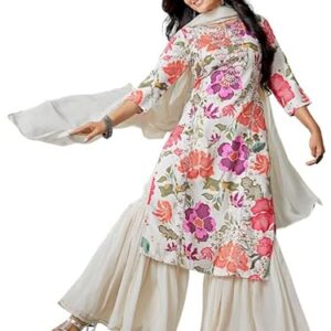 Royal Export Women's Viscose Floral/Mirror Work Embroidered Straight Kurta Sharara with Dupatta