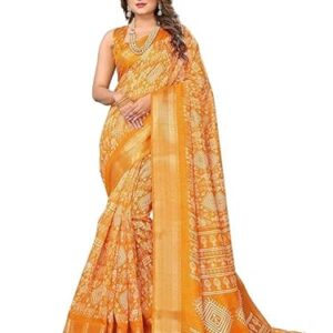 Hema Silk Mills Bazar Cotton Silk Printed Saree with Un-stitched Blouse Piece for Women (Yellow)