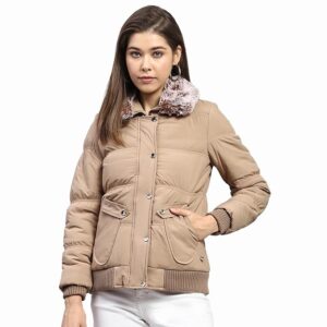 Monte Carlo Womens Solid Beige Collar Full Sleeve Jacket
