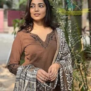ARJIT ART & CRAFT Women Pure Cotton Brown Kurti Pant Dupatta Set