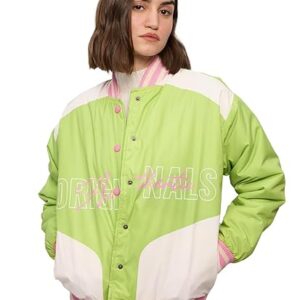 The Souled Store Varsity Jacket: Celery Lime Women and Girls Long Sleeves Band Collar Polyester Oversized Varsity Jackets