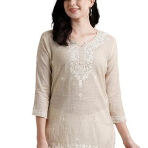 Ada Hand Embroidered Lucknowi Chikankari Straight Khadi Cotton Short Kurti Top for Women A911388 Fawn