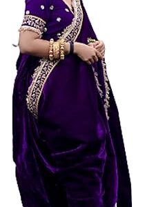 Womens And Girls 9000 velvet Fabric With embroidered threads and glitter dori work with fark lace border nevy blue saree