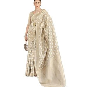 SWORNOF Women's Heavy Organza Silk Linen Embroidery Saree with Zari Handwork and Unstitched Blouse (VINTAGE)