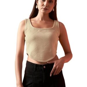 GRECIILOOKS Regular Fit Tops for Jeans for Women | Korean Trendy Stylish Casual | Short Sleeve Textured Collar Less |Tank Crop Top| Formal