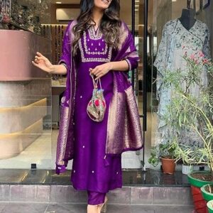 Women'S And Girls Wear Roman Silk Embroidered Work A-Line Kurta, Pant and Dupatta Set