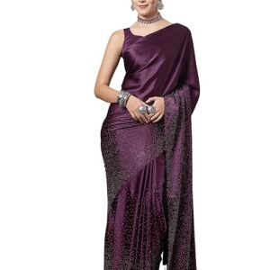 SIRIL Women's Satin Silk Hot Fixing Stone Work Saree with Unstitched Blouse