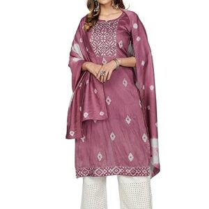 Vbuyz Women's Printed & Embroidered Straight Cotton Pink Stitched Kurta Pant With Dupatta (VF-KU-1107-SKD)