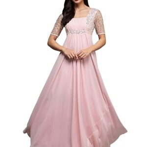 Miss Chase Women's Square Neck Half Sleeve Solid Embellished Maxi Dress