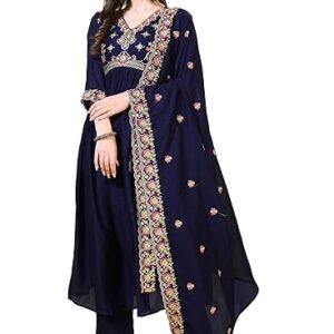 Pratham Blue Women's Silk Embroidered Anarkali Kurta Palazzos with Dupatta |kurta sets for women |Women Kurta | Women Embroidered Kurta Sets Kurtis |Women Kurta Pant Set