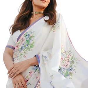 MALVIKA Women's White Satin Floral Print Saree – Alia Bhatt Inspired Saree with Unstitched Blouse – Elegant Bollywood Style for Festive & Evening Events