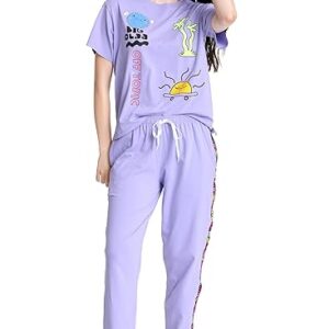 ZEYO Night Suit for Women's Typography Printed Cotton Night Dress of Top and Joggers