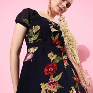 Miss Chase Women's Square Neck Short Puff Sleeve Floral Fit & Flare Georgette Midi Dress with Pockets