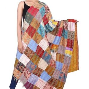 Silk Multicolor Reversible Kantha Patchwork Assorted Dupatta For Girls And Women, Free Size