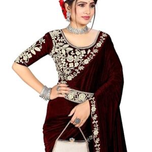 New Women's Silk Velvet Embroidery Work Saree With Blouse..