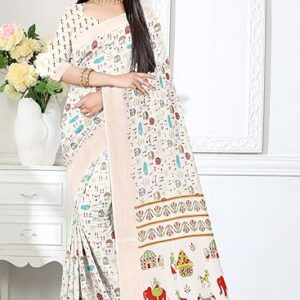 Warli Print Dola Silk Saree, White, Elephant and Folk Art Design, Banarasi Border
