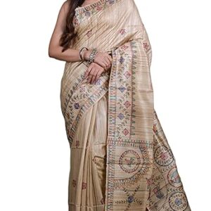 Indian Hand Paint Madhubani Saree Art on Pure Gicha Tussar Silk Saree