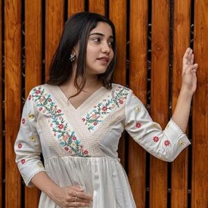 Women's Off White Embroidered Cotton Anarkali Gown kurta