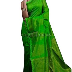 Indian Pure Cotton Bengal Handloom Sari Blended Saree with Gold Temple Border in Parrot Green