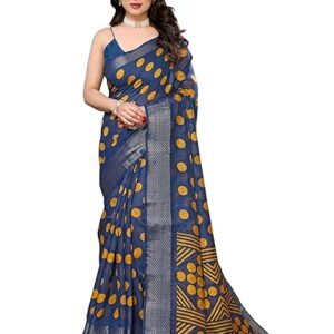 Women's Cotton Blend Printed Jaquard Border Saree with Unstitched Blouse Piece BZ_4307_Kaveri Goli Firozi-Yellow