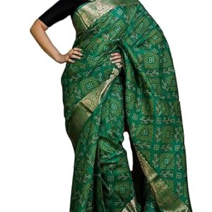 Indian Bandhej Printed Tussar Banarasi Saree in Jade Green, Off White, Yellow, Dark Red and Brush Gold Zari Work