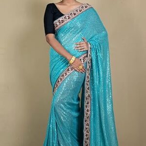 Women Indian Patch Work Designer Nakshi Border Italian Net with Sequin Woven Bollywood Sarees in Aqua Blue and Maroon - with Blouse Piece