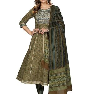 Vbuyz Women's Printed & Handwork Anarkali Cotton Kurta with Pant & Dupatta | Kurta Set For Women | Suit Set For Women | Kurti Dress Set | Cotton Fabric Set