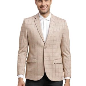 Men Cotton Linen Checkered Beige Blazer