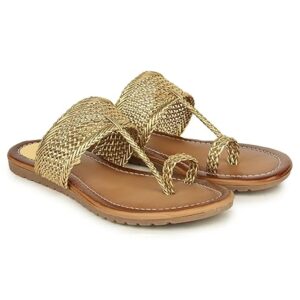 Shoetopia Women’s Kolhapuri Flats – Handwoven Bunai Sandals with Toe Loop | Ethnic Slip-On Chappals for Casual & Festive